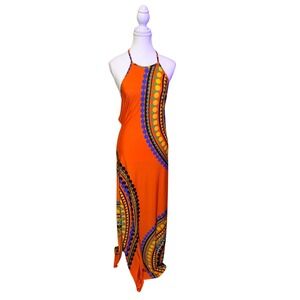 Maxi Dress Orange Halter Backless High Slit Retro Print Medium